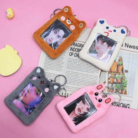 Korean Style Cute Cartoon Plush Card Holder Student ID Card Protector Idol Photocards Holder With Keychain