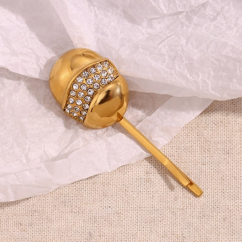 Pasador De Pelo De Acero Inoxidable Chapado En Oro De 18K Con Diamantes De Imitación Forma De Huevo Joyería De Moda
