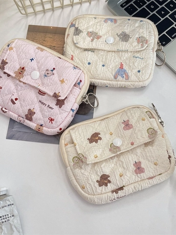 Quilted Fabric Coin Purse Small Card Holder Wallet With Snap Button Front Pocket And Metal Key Ring Cartoon Pattern