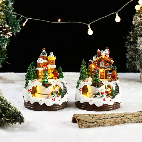 Weihnachts-Spieluhr Harz LED Leuchtendes Schneehaus Rotierender Zug Miniatur Dorf Szene Desktop Festliches Ornament