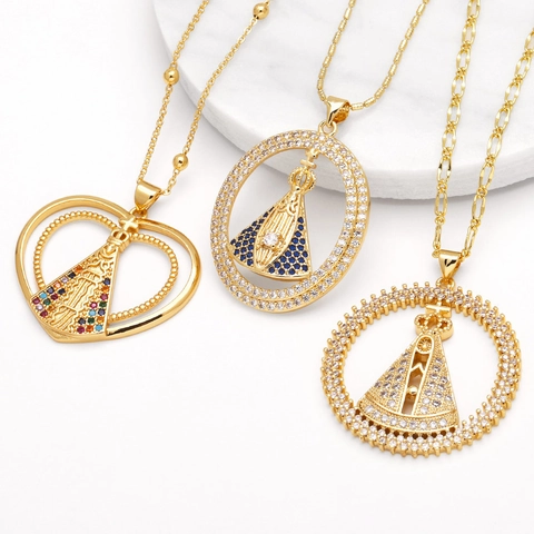 Collana Con Ciondolo Vergine Maria Religiosa Cattolica Oro Placcato Rame Zirconia Cubica Colorata Cuore Ovale