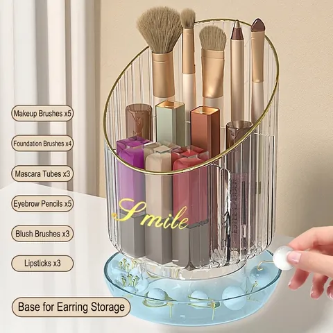 Rotating Makeup Brush Holder Transparent Plastic Cosmetic Organizer Gold Trim Partitioned Desktop Storage For Brushes