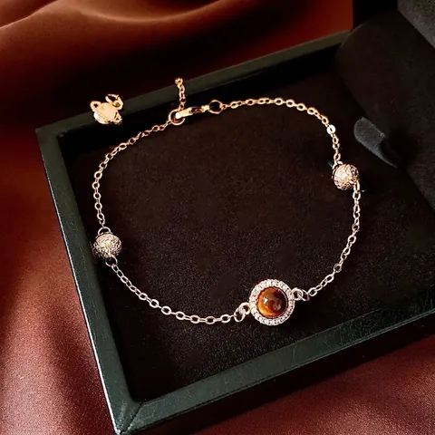 Bracelet Oeil De Tigre Pour Femmes Cuivre Plaque Or Rose Avec Perles Zircon Style Maillard Vintage Bijou Elegant