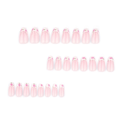 French Style Long Almond Press On Nails Elegant Pink White Lace Rose Flower Design False Nails For Women