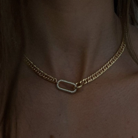 Curb Chain Choker Necklace 18K Gold Plated Copper With Rhinestone Paved Geometric Link Retro Luxury For Women