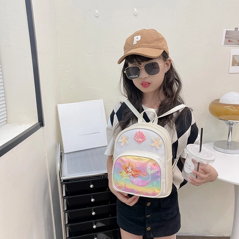 Kids Backpack Mermaid Princess Schoolbag PU Leather Sequins Shell Starfish Cute For Girls Kindergarten