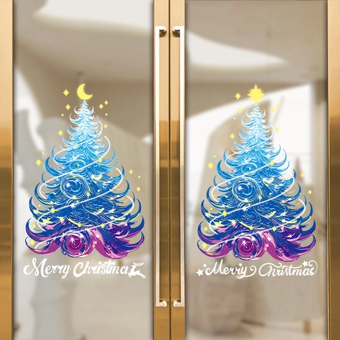 Christmas Tree Static Window Clings PVC Double Sided Color Artistic Blue Purple Spiral Holiday Decor Merry Christmas