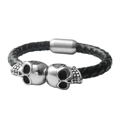Skull Bracelet Stainless Steel Woven Leather Bangle For Men Retro Punk Rock Fashion Jewelry Black