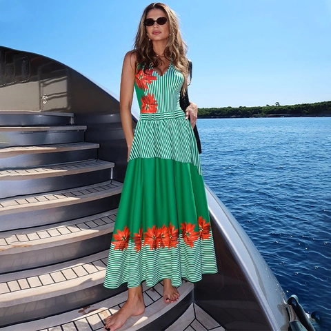 Women Swimsuit Beachwear Off Shoulder Ruffles Green White Stripes Red Floral Print Vacation Style Bodysuit Pants Skirt
