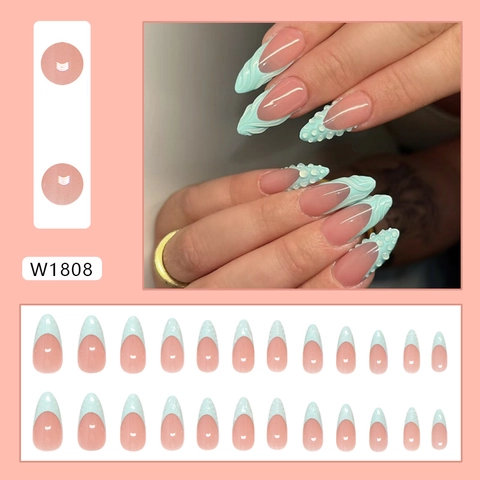 Uñas Postizas Press On Forma Almendra Punta Francesa Relieve 3D Patrón Concha Verde Menta Rosa Nude Plástico ABS