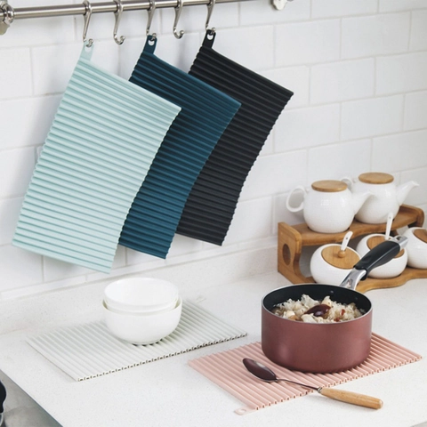 Dish Drying Mat TPR Heat Resistant Placemat Ribbed Draining Board Tray Non Slip With Hanging Hole For Kitchen Countertop