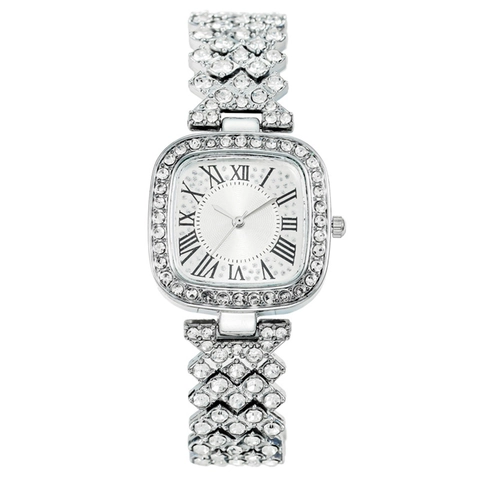 Orologio al Quarzo da Donna Quadrato di Lusso Cassa in Lega con Strass Cinturino in Metallo Quadrante con Numeri Romani Orologio da Polso