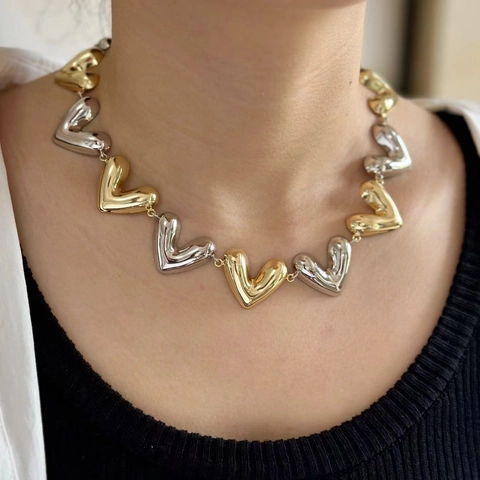 Vintage Kupfer Puffy Herz Halskette Gold Und Silber Plattiert Hochglanzpoliert Clavicle Kette Trendiger Schmuck Damen