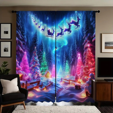Christmas Curtains Dreamy Aurora Santa Sleigh Reindeer Print Blackout Window Drapes Polyester Holiday Living Room Decor