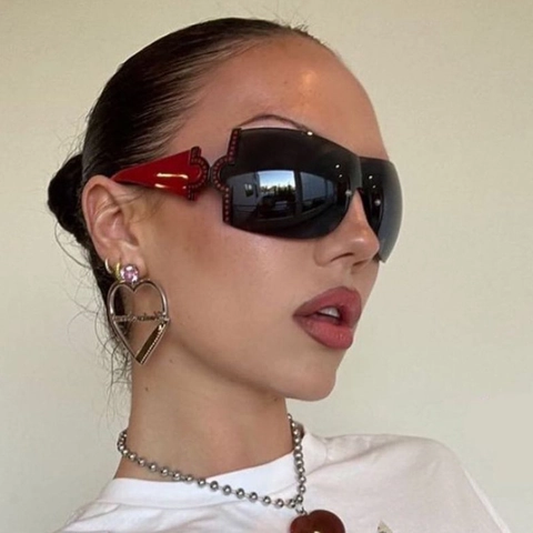 Damen Oversized Shield Sonnenbrille Y2K Randlos Strass Metallscharnier PC Linse UV400 Schutz Mode Brillen