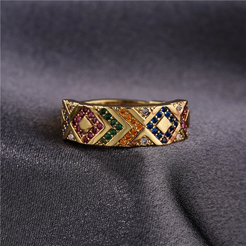 Colorful Cubic Zirconia Geometric Open Ring Gold Plated Copper Adjustable Finger Jewelry For Women Party Daily