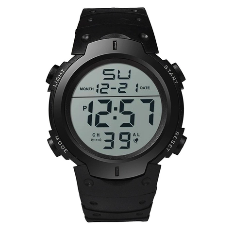 Digital Sports Watch Resin Case TPU Strap Waterproof EL Backlight Alarm Stopwatch Calendar Large Dial Round