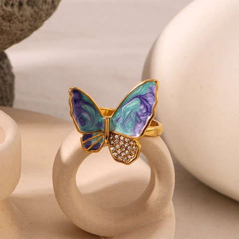 Schmetterling Ring Edelstahl 18K Vergoldet Emaille Strass Verstellbar Blau Violett Elegant Schmuck Damen