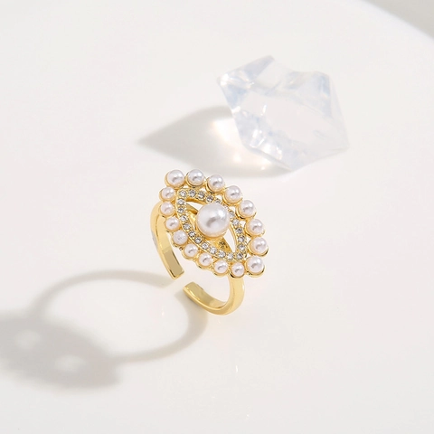 Bague Ajustable Künstliche Perle Cuivre Plaqué Or Zircon Mauvais Œil Couronne Bijoux Élégants Minimalistes Cadeau Pour Femme Anneau Ouvert