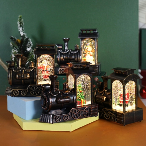 Lanterne De Train Rétro De Noël Boule À Neige Avec Lumière LED Eau Brillante Tourbillonnante Père Noël Bonhomme De Neige Décoration De Table