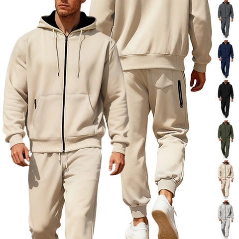 Men Hoodie And Pants Fleece Lined Warm Full Zip Hooded Sweatshirt Jogger Sweatpants Sporty Casual Solid Color