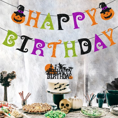 Striscione Happy Birthday Halloween E Topper Torta Carta Glitter Zucca Cappello Strega Design Decorazioni Feste