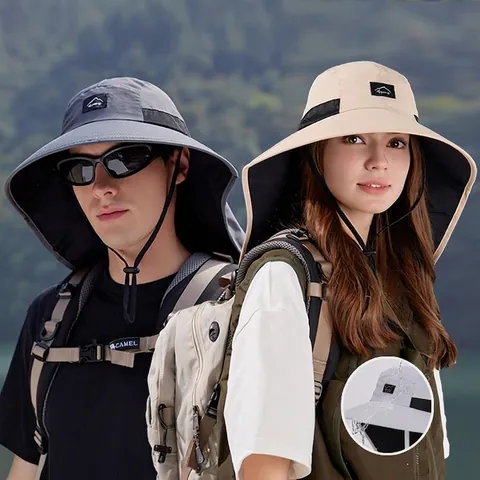Sun Protection Bucket Hat Nylon Waterproof Quick Dry Wide Brim Neck Flap Outdoor Hiking Fishing Adjustable Wind Rope