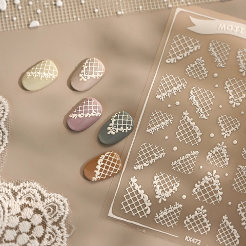 Stickers Ongles Relief 3D Dentelle Blanche Texture Quadrillage Auto Adhésif Décoration Manucure Style Français Élégant Femmes