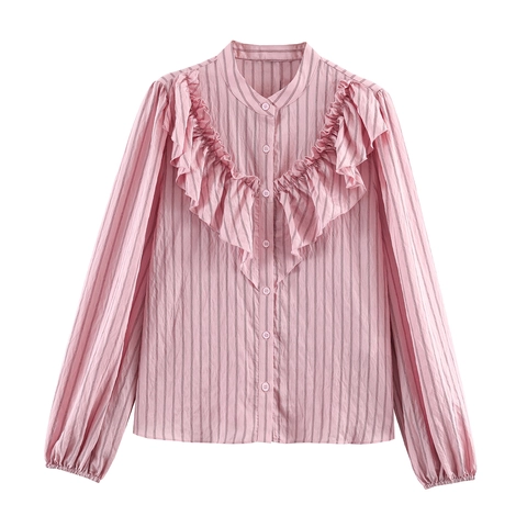 Camicie Camicette A Righe Da Donna Finiture Con Volant Collo Alto Maniche Lunghe Poliestere Elegante Ufficio Top