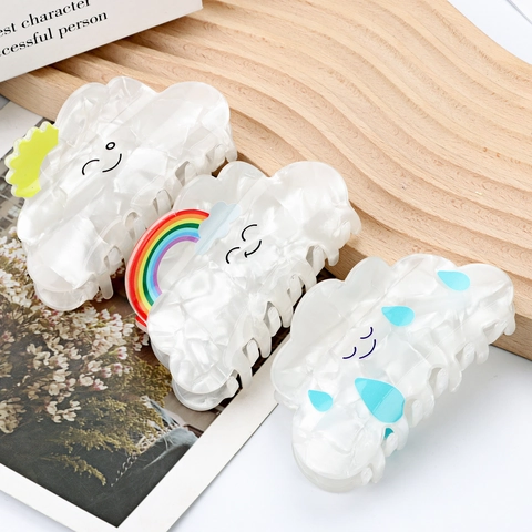 Simpatiche Pinze Per Capelli A Nuvola Acetato Texture Perla Artificial Cartone Animato Meteo Arcobaleno Sole Goccia Di Pioggia Visaggio Sorridente Accessori Donne