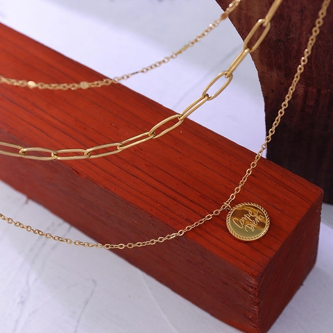 Round Coin Pendant Necklace Titanium Steel 18K Gold Plated Layered Paperclip Satellite Chain Carpe Diem Engraved Jewelry
