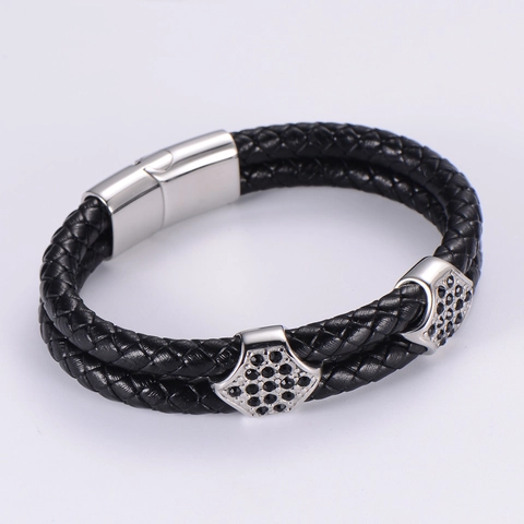 Bracciale In Pelle PU Intrecciata Multistrato Con Chiusura Magnetica In Acciaio Inossidabile Zirconia Nera Gioielli Punk Uomo