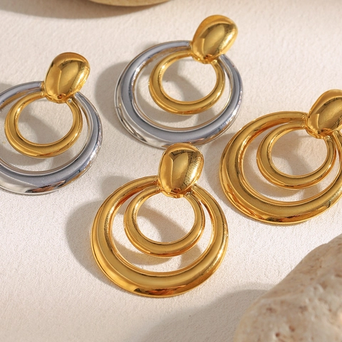 Minimalist Geometric Double Ring Stud Earrings 18K Gold Plated Stainless Steel Two Tone High Polish Jewelry For Women