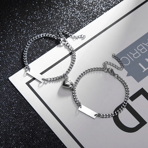 Magnetische Hart Koppel Armbanden Titanium Staal Minimalistisch Rechthoekig Label Schakelketting Voor Geliefden