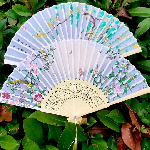 Chinesischer Vintage Faltfächer Bambusrippen Satinnstoff Mit Quasten Tragbarer Handfächer Blumen Kranich Druck Damen