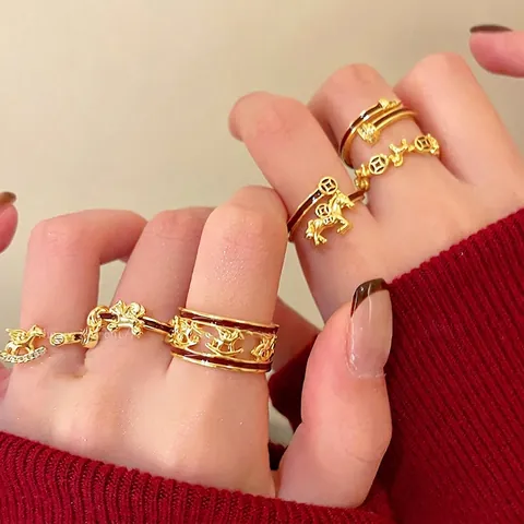 Gold Plated Copper Open Ring Enamel Hollow Horse Ancient Coin Zircon Adjustable Retro Luxury Jewelry For Women