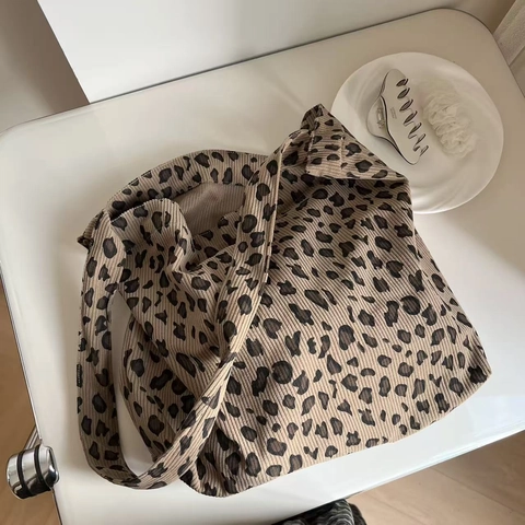 Borsa Tote Vintage In Velluto A Coste Con Stampa Leopardata Grande Capacità Borsa A Tracolla Casual Motivo Animale