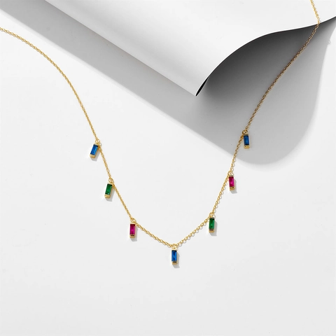925 Sterling Silver Necklace With Rainbow Cubic Zirconia Geometric Square Pendant Gold Plated Fashion Jewelry For Women