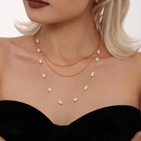 Elegante Collar de Acero Inoxidable con Perlas de Agua Dulce para Mujer Colgante de Perla Barroca Ligera Cadena Chapada en Oro y Plata