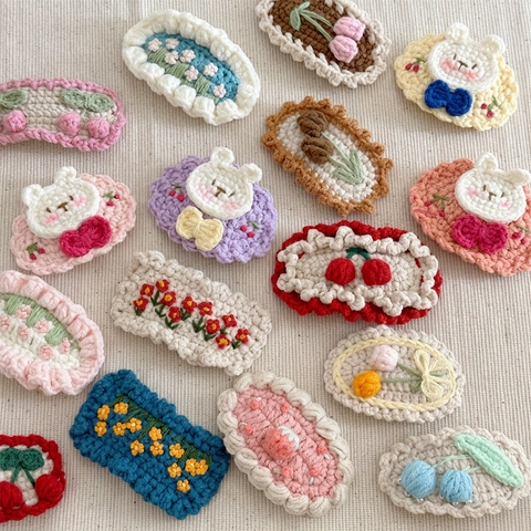 Cute Hand Crocheted Yarn Hair Clips Flower Cherry Bunny Sweet BB Pins For Girls Kids Autumn Winter Pastoral Style
