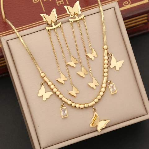 Collana Orecchini Bracciale Farfalla Acciaio Inossidabile Placcato Oro Pendenti In Zircone Gioielli Per Donna Moda Elegante