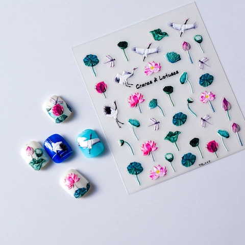 Autocollants Ongles Relief 5D Style Encre Chinoise Grue Fleur De Lotus Imperméable Autocollant Décoration Manucure