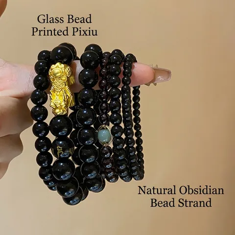 Pulsera De Cuentas De Obsidiana Natural Con Pixiu Dorado Amuleto De Suerte Mantra De Seis Palabras Joyas Para Hombre