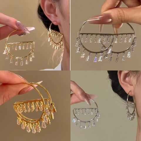 Baguette Zirkoon Kwastje Hoop Oorbellen Met 925 Sterling Zilveren Oorknopje Geometrische D-Vorm Holle Luxe Sieraden Dames