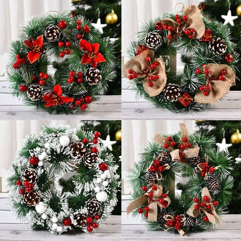 Christmas Wreath Artificial Pine Needle Rattan Decoration With Bow Pine Cones Berries Santa Reindeer For Front Door Wall