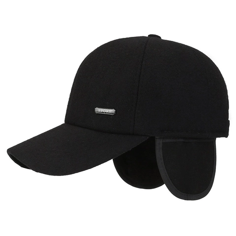 Casquette De Baseball Chaude D'Hiver En Coton Laine Avec Protection D'Oreilles Coupe-Vent Ajustable Étiquette Métallique Pour Hommes