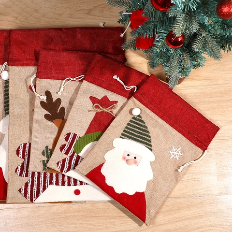 Christmas Gift Bags Burlap Drawstring Sacks Santa Reindeer Snowman Applique For Holiday Party Favors Treats Decor