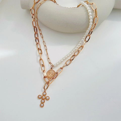 Double Layered Necklace Stainless Steel Imitation Artificial Pearl Portrait Coin And Cross Pendant Vintage Fashion Jewelry For Women