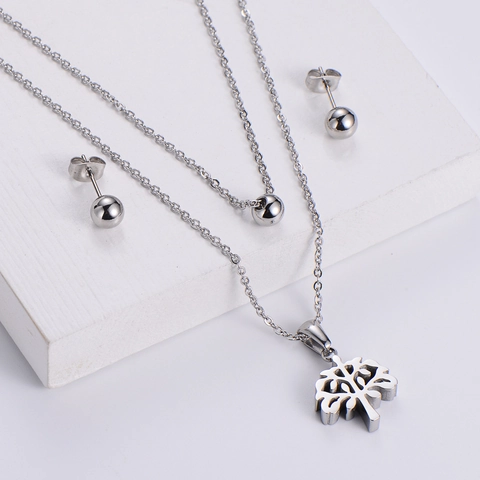 Bijoux Arbre De Vie Acier Inoxydable Collier Double Rang Et Boucles D'oreilles Puces Boule Pour Femme