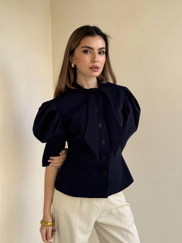 Women Puff Sleeve Top Cotton Polyester Woven Button Front Bow Tie Neck Hepburn Style Slim Fit Vintage Blouse